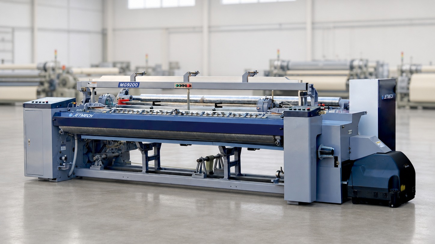 MG9200 Max air jet loom displayed in a clean modern weaving factory