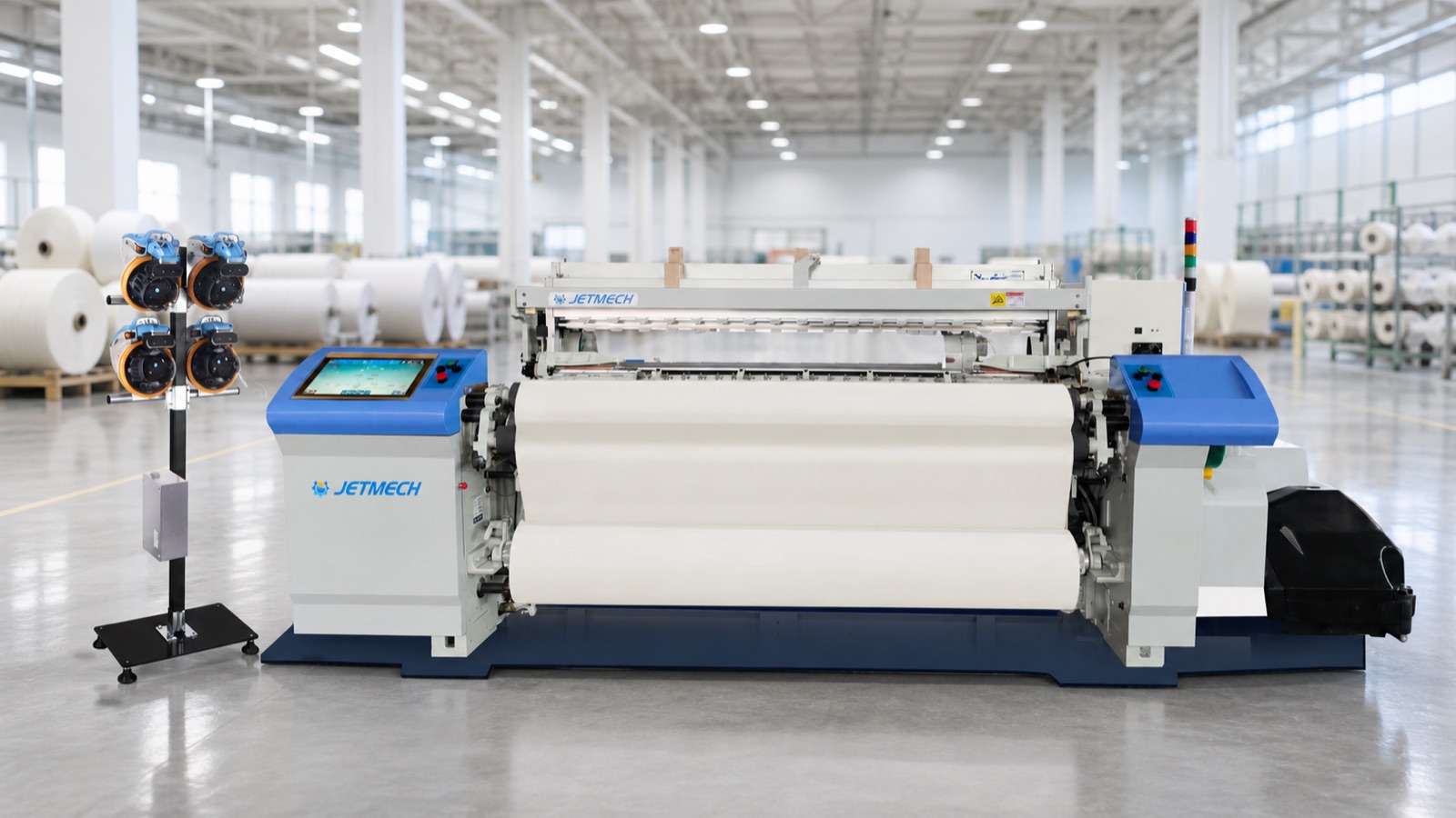 JETMECH air jet loom in a bright textile factory
